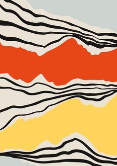 an orange and yellow abstract painting with wavy lines