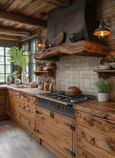 a kitchen with wooden cabinets and an old fashioned stove top oven in the middle of it