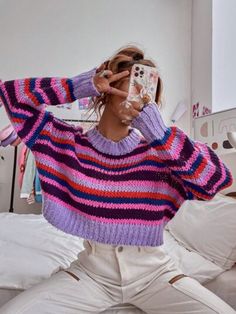 Women's Casual Colorblock Striped Cropped Sweater, Spring Autumn Multicolor Casual  Wrist-Length Sleeve Polyester Colorblock,Striped Pullovers Medium Stretch  Women Clothing, size features are:Bust: ,Length: ,Sleeve Length: Crop Pullover, Pullover Outfit, Drop Shoulder Sweaters, Women Sweater, Mohair Sweater, Sweater Pattern, Looks Vintage, Crochet Sweater, Knitwear Women