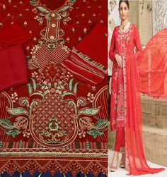 luxury gold thread and sequence embroidery work 3piece Unstitched Chiffon Salwar kameez Colour True Red Fabric Details :- Top :- Front and Back Shirt Fancy Base Chiffon Embroidered Shirt Colour :- Suit and Salwar, Dupatta True Red Colour Work :- Embroidery With Sequence & golden thread Work Bottom :- Dyed Raw Silk Trouser Dupatta :- Embroidered Chiffon Dupatta Type :- Unstitched Please note that we highly recommend to look at original pics and take your decision of purchase based on original pics. Colours may slightly vary due to pic resolution however original pics have been listed without any filters Perfect for Party or any Festive wear. Red Bollywood Unstitched Suit With Dupatta, Red Sharara With Intricate Embroidery In Jamawar, Festive Red Unstitched Suit With Dabka Work, Red Unstitched Suit With Zari Work For Designer Wear, Red Jamawar Sharara With Intricate Embroidery, Designer Red Unstitched Suit With Resham Embroidery, Red Chanderi Unstitched Suit With Dabka Work, Red Unstitched Suit With Dupatta For Eid, Unstitched Red Suit With Dupatta For Eid