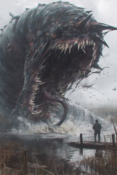 a giant monster with sharp teeth is in the water near a man standing on a dock