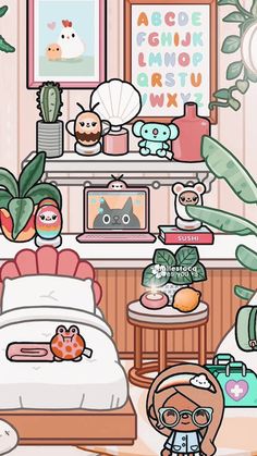 a cartoon bedroom with plants and stuffed animals