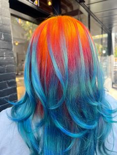 orange and blue hair Dyed Hair Inspiration, Pretty Hair Color, Colored Hair, Creative Hairstyles, Dye My Hair, Hair Dye Colors, Hair Inspiration Color, Cut My Hair, Orange Hair