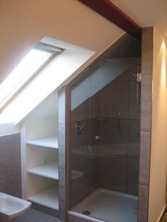 a bathroom with a skylight above it and a shower stall in the middle of the room