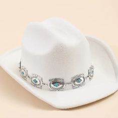 Women's Beautiful White Cowgirl Hat With Silver Concho Chain New In Boutique Boujee Cowgirl, Inking Reference, Charlie Horse Hats, White Cowgirl Hat, Dc Skate Shoes, Pink Trucker Hat, Cadet Hat, Cabbie Hat, Black Bucket Hat