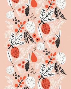 an orange and black floral pattern on a pink background with leaves, berries and acorns