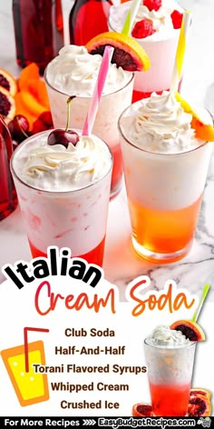 an advertisement for italian ice cream sodas with fruit and whipped cream on the side