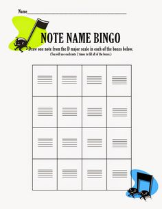 a printable worksheet with the words note name blingo on it