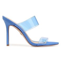 New With Box Luxury Blue Sandals For Cocktail, Blue High Heel Sandals For Cocktail, Blue Open Toe Sandals For Cocktail, Modern Blue Sandals For Formal Occasions, Blue Open Toe Party Mules, Formal Blue Open Heel Mules, Blue Open Toe Mules With Stacked Heel, Blue Open Toe Mules With Padded Heel, Elegant Blue Open Heel Mules