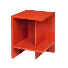 an orange side table with two shelves on each side and one shelf in the middle