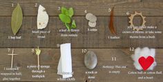 a wooden table topped with lots of different types of leaves and rocks next to each other