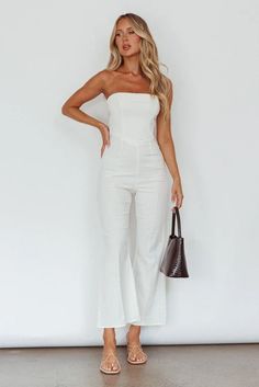 Shop the What's The Catch Strapless Jumpsuit White | Selfie Leslie Jumpsuit White, Selfie Leslie, The Catch, Strapless Jumpsuit, White Jumpsuit, Dates, Jumpsuit, Pants, White