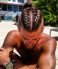 French Braids Men, Man Braid, Ponytail Hairstyles For Men, Mens Ponytail Hairstyles, Hairstyles Man, Bun Braids, Braids Bun, Man Ponytail, Braided Man Bun