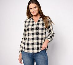 Whether you're dressing up for a special occasion or keeping it casual on the weekend, this plaid blouse is a timeless option that pairs well with everything from pencil skirts to jeans to trousers. From Denim & Co.® Fashions. Plaid V-neck Tops For Fall, Spring Plaid V-neck Blouse, Classic Plaid Tops For Fall, Plaid Button Closure Workwear Top, Classic Tops For Day Out In Fall, Plaid Tops With Button Closure And Relaxed Fit, Plaid Top With Button Closure And Relaxed Fit, Fitted Plaid Blouse For Fall, Plaid Collared Blouse For Fall