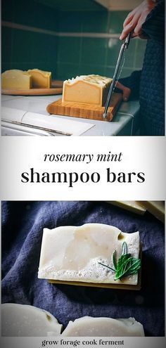 two pictures with different types of food on them and the words rosemary mint shampoo bars