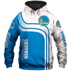 a blue and white hoodie with the golden state warriors on it's side