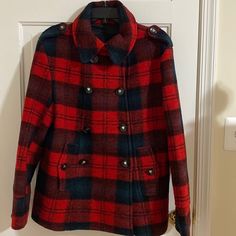 Betsey Johnson Wool Plaid Coast/ Jacket Size 10 Heart Button Details Front Side Pockets Plaid Double-breasted Outerwear With Button Closure, Double-breasted Plaid Outerwear With Button Closure, Red Fall Outerwear With Buttons, Red Outerwear With Buttons For Fall, Red Buttoned Outerwear For Fall, Red Buttoned Winter Outerwear, Red Winter Outerwear With Buttons, Red Winter Outerwear With Double Button Closure, Red Pea Coat With Buttons