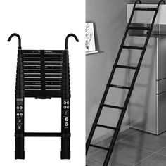 a black and white photo of a ladder next to a refrigerator