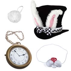 an assortment of costume items including a clock, hat and other accessories are arranged on a white background