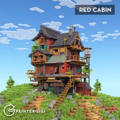 an image of a red cabin in the sky