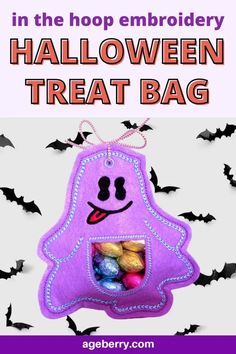 a purple halloween treat bag with bats around it and the words, in the hoop embroidery pattern