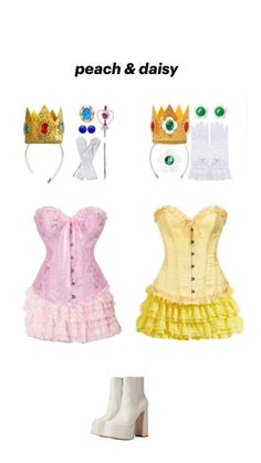 three different types of costumes and accessories on display with the caption peach & daisy