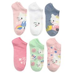 This 6-Pack of Hello Kitty Girls No-Show Socks make an adorable fashion accessory for your child! Featuring Hello Kitty and fun designs, these socks can be paired with just about any outfit of choice. Lightweight and breathable, they offer superior comfort that's perfect for all-day wear. Check out the entire character no-show sock collection, available exclusively at Walmart! Size: L.  Color: Pink.  Gender: female.  Age Group: kids. Affordable Hello Kitty Print Sleepwear For Summer, Hello Kitty Socks, Hello Kitty Print Cotton Sleep Bottoms, Hello Kitty Print Summer Sleepwear, Playful Hello Kitty Print Sleepwear, Sock Collection, Hello Kitty Clothes, Girls Socks, Socks And Tights