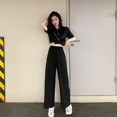 Shoptery Korean Black 2 Piece Set Pants & Crop Top Outfits Black Wide Leg Summer Sets, Black Long Pants Sets For Spring, Black Sets With Long Pants For Spring, Black Short Sleeve Sets For Spring, Casual Black Pant Set For Spring, Casual Black Fitted Sets, Casual Fitted Black Sets, Black Fitted Casual Sets, Fitted Black Casual Sets