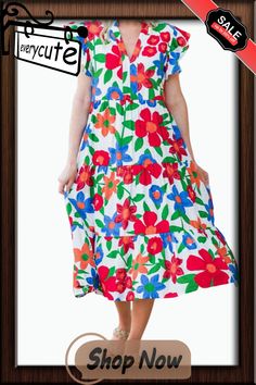 Multicolor Flutter Sleeve V Neck High Waist Floral Midi Dress Casual Dress With Colorful Pattern For Garden Party, Casual White Dress With Colorful Pattern, Casual White Dress With Vibrant Print, Casual Multicolor Print Dress For Garden Party, Casual Multicolor Dress For Garden Party, Colorful Sundress For Spring, Spring Sundress With Colorful Pattern, Casual Colorful Dresses For Garden Party, Multicolor Tiered Midi Dress For Spring