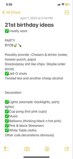 the birthday party list for two different people, including drinks and other things to eat