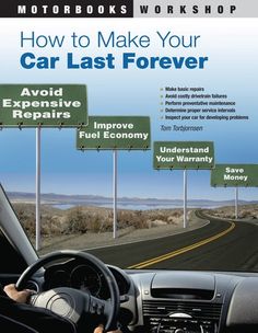 a car driving down a road with signs on the side of it that read how to make your car last forever