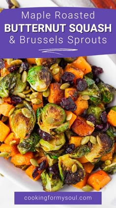 maple roasted butternut squash and brussel sprouts on a white plate