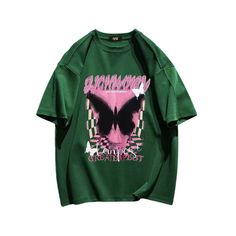 a green shirt with an image of a butterfly on it