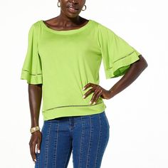 TWRHLL by Christie Brinkley Bell Sleeve T-Shirt Fun and flirty with flowy sleeves, a convertible neckline and a super-cute, peekaboo stitch, this versatile tee is anytime casual one day and date-night adorable the next. Relaxed Fit Flutter Sleeve Tops For Spring, Trendy Stretch Flutter Sleeve Tops, Spring Stretch Short Sleeve Top, Trendy Stretch Top With Flutter Sleeves, Trendy Stretch Tops With Flutter Sleeves, Solid Color Flutter Sleeve Tops For Summer, Summer Bell Sleeve Tops, Cotton Bell Sleeve Tops For Summer, Green Short Sleeve Top For Spring