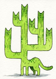 a green cactus with four cats on it's back and one cat standing in the middle