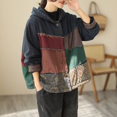 Type: Jacket Fabric: Denim Cotton Style: Casual, Loose Popular Elements: Printing, Stitching, Contrasting Colors Season: Spring, Autumn, Winter 90s Street Style, Patchwork Clothes, Knit Sweater Coat, Jacket Fabric, Denim Patchwork, Diy Couture, Denim Cotton, Cashmere Wool, Sweater Coats