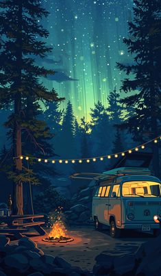 a camper van is parked in front of a campfire at night