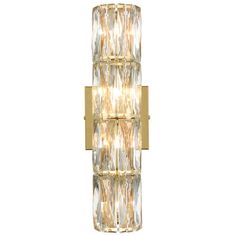 a wall light that is made out of glass and gold colored metal, with three lights on each side