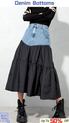 Loose Black denim Patchwork Casual Skirt Puffer Jacket Outfit Ideas, Diy Denim Skirt, Jacket Outfit Ideas, Style Puffer Jacket, Ropa Upcycling, Diy Skirts, Puffer Jacket Outfit, Jeans Trend, Upcycle Clothes Diy