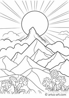 a mountain landscape with flowers and clouds in the background, coloring pages for adults to print