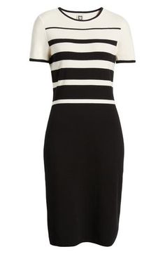 Pretty and polished, this shapely knit frock features variegated stripes at the bodice that complement the solid skirt. Slips on over head Crewneck Short sleeves 60% cotton, 40% acrylic Dry clean Imported Anne White, Solid Skirt, Striped Sweater Dress, Anne Klein, Nordstrom Dresses, Bodice, Sweater Dress, Slip On, Short Sleeves