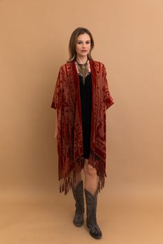 Indulge in elegance with our Velvet Dream Mesh Tapestry Kimono. Crafted from sumptuous velvet and adorned with intricate tapestry motifs, this kimono exudes luxury and style. Perfect for lounging at home or adding a touch of glamour to any outfit. #lovemyleto 50% Viscose 50% Nylon Imported Boho Plus Size Outfits, Moroccan Oil Hair, Fashion Staples, Velvet Kimono, Long Sleeve Outerwear, The Wild West, Beauty Favorites, Short Sleeved Sweaters, The Trend