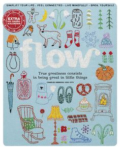 a cross stitch book with the words flow written in white and surrounded by images of various things