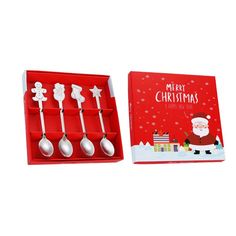 a red box with spoons in it and a christmas card