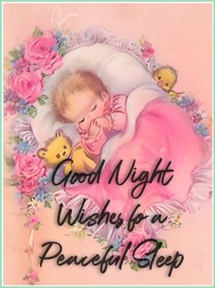 a baby sleeping on top of a pink blanket with flowers around it and the words good night wishes for a peaceful sleep