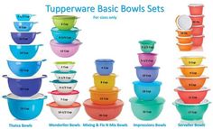 the tupperware basic bowls sets are available in multiple colors and sizes for $ 10 each