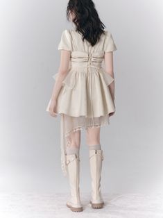 Beige Fitted Dress With Asymmetrical Neckline, Spring Asymmetrical Dress With Fitted Hem, Feminine Fitted Asymmetrical Dress, Fitted Mini Dress With Asymmetrical Hem For Spring, Ruffled Mini Dress With Asymmetrical Hem, Mini Dress With Ruffles And Asymmetrical Hem, Fitted Asymmetrical Dress With Ruffles, Feminine Fitted Asymmetrical Mini Dress, Chic Fitted Beige Asymmetrical Dress