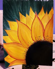 a painting of a yellow sunflower with green leaves