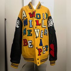 Undercover Stadium Jacket. Jun Takahashi . A Wolf Is Never A Pet! Yellow Black With Stunning Patch Detail! Amazing Bomber Jacket. Size 4 Which Is A Large. Smoke And Pet Free Home. Measurements Are In Pics. Final Sale. Smoke And Pet Free Home. Guaranteed Authentic . Roomy Fit! So Cool! Final Sale. Multicolor Outerwear With Patches For Streetwear, Multicolor Patched Outerwear For Streetwear, Designer Graphic Print Winter Outerwear, Designer Winter Outerwear With Graphic Print, Fall Multicolor Varsity Jacket With Patchwork, Multicolor Patchwork Varsity Jacket For Fall, Multicolor Patchwork Varsity Jacket For Streetwear, Patch Jacket, Jun Takahashi