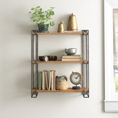 a shelf with books, plants and other items on it in front of a window